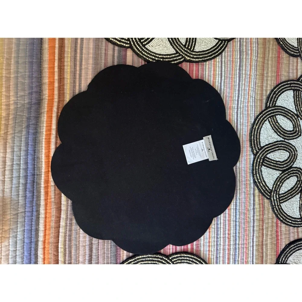MacKenzie-Childs Beaded Placemats Set of 6 Black White Gold Round 15